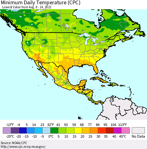North America Minimum Daily Temperature (CPC) Thematic Map For 8/8/2022 - 8/14/2022