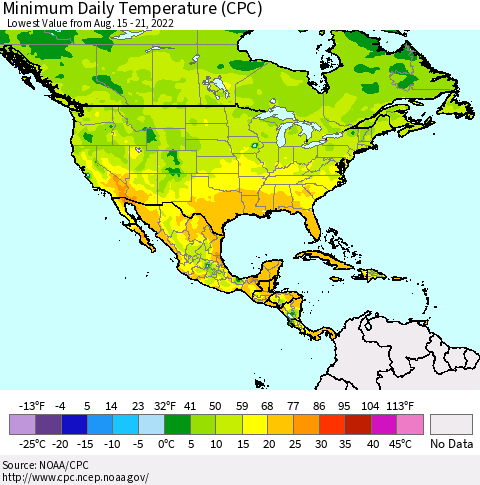 North America Minimum Daily Temperature (CPC) Thematic Map For 8/15/2022 - 8/21/2022