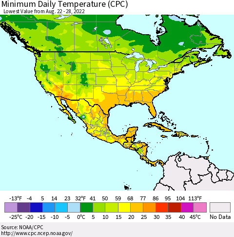 North America Minimum Daily Temperature (CPC) Thematic Map For 8/22/2022 - 8/28/2022