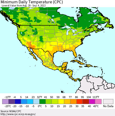 North America Minimum Daily Temperature (CPC) Thematic Map For 8/29/2022 - 9/4/2022