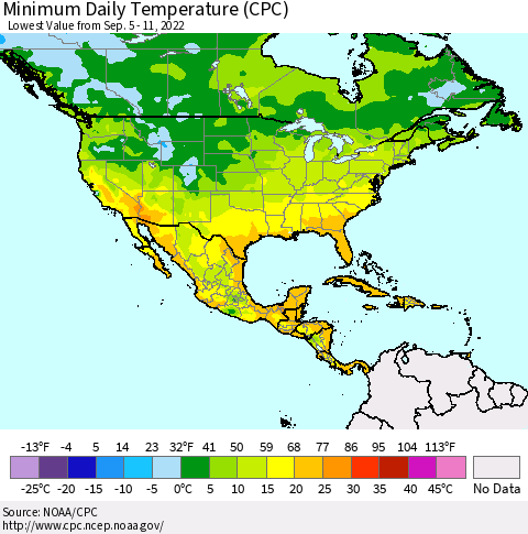 North America Minimum Daily Temperature (CPC) Thematic Map For 9/5/2022 - 9/11/2022