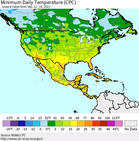 North America Minimum Daily Temperature (CPC) Thematic Map For 9/12/2022 - 9/18/2022