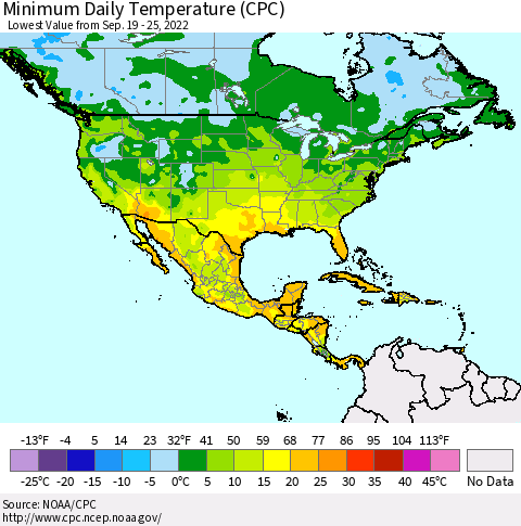 North America Minimum Daily Temperature (CPC) Thematic Map For 9/19/2022 - 9/25/2022