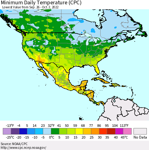 North America Minimum Daily Temperature (CPC) Thematic Map For 9/26/2022 - 10/2/2022