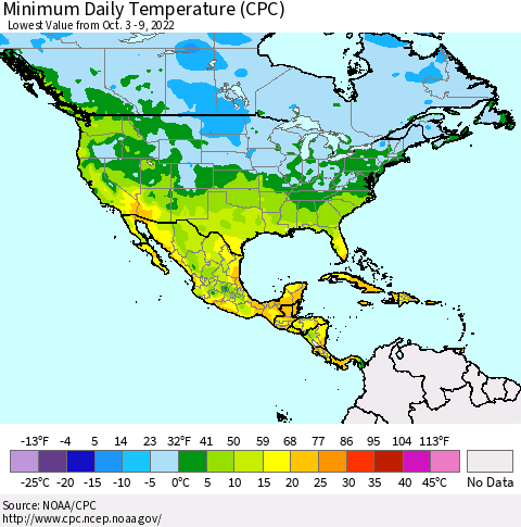 North America Minimum Daily Temperature (CPC) Thematic Map For 10/3/2022 - 10/9/2022