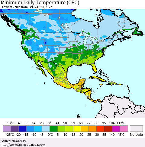 North America Minimum Daily Temperature (CPC) Thematic Map For 10/24/2022 - 10/30/2022