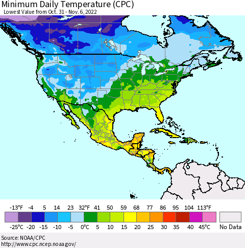 North America Minimum Daily Temperature (CPC) Thematic Map For 10/31/2022 - 11/6/2022