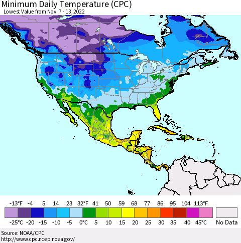 North America Minimum Daily Temperature (CPC) Thematic Map For 11/7/2022 - 11/13/2022