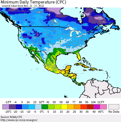 North America Minimum Daily Temperature (CPC) Thematic Map For 11/21/2022 - 11/27/2022