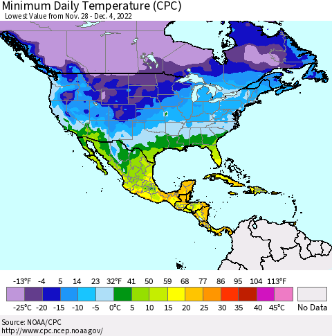 North America Minimum Daily Temperature (CPC) Thematic Map For 11/28/2022 - 12/4/2022