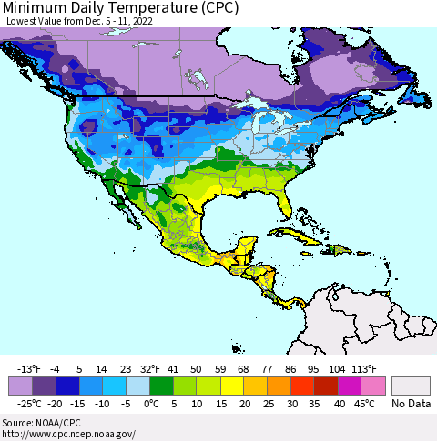 North America Minimum Daily Temperature (CPC) Thematic Map For 12/5/2022 - 12/11/2022
