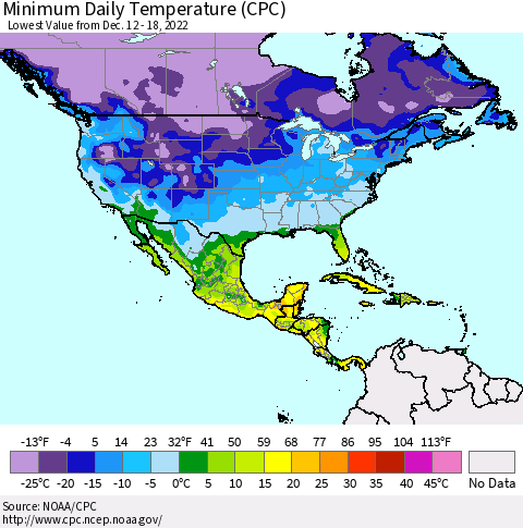 North America Minimum Daily Temperature (CPC) Thematic Map For 12/12/2022 - 12/18/2022