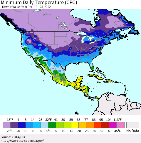 North America Minimum Daily Temperature (CPC) Thematic Map For 12/19/2022 - 12/25/2022