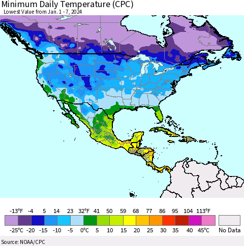 North America Minimum Daily Temperature (CPC) Thematic Map For 1/1/2024 - 1/7/2024