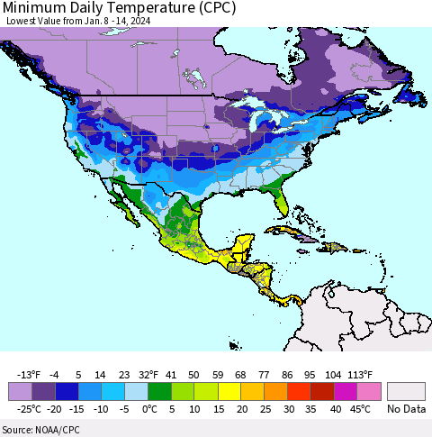 North America Minimum Daily Temperature (CPC) Thematic Map For 1/8/2024 - 1/14/2024
