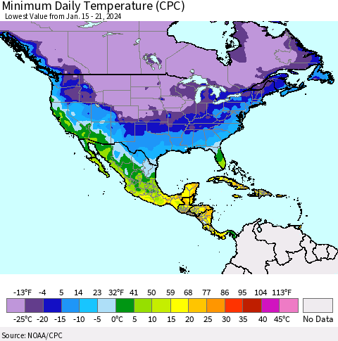 North America Minimum Daily Temperature (CPC) Thematic Map For 1/15/2024 - 1/21/2024