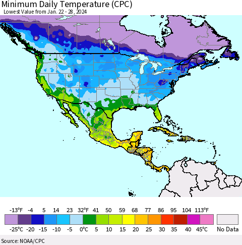 North America Minimum Daily Temperature (CPC) Thematic Map For 1/22/2024 - 1/28/2024