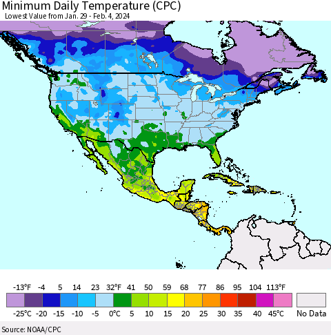 North America Minimum Daily Temperature (CPC) Thematic Map For 1/29/2024 - 2/4/2024
