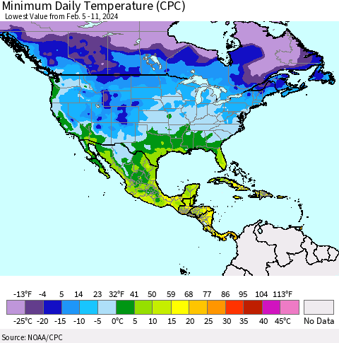 North America Minimum Daily Temperature (CPC) Thematic Map For 2/5/2024 - 2/11/2024