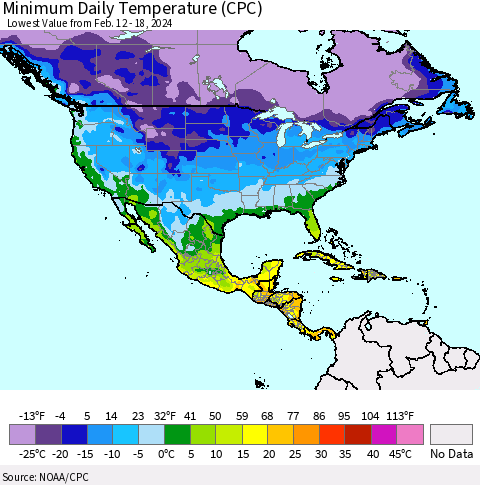 North America Minimum Daily Temperature (CPC) Thematic Map For 2/12/2024 - 2/18/2024