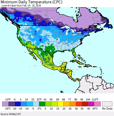 North America Minimum Daily Temperature (CPC) Thematic Map For 2/19/2024 - 2/25/2024