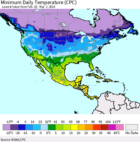 North America Minimum Daily Temperature (CPC) Thematic Map For 2/26/2024 - 3/3/2024