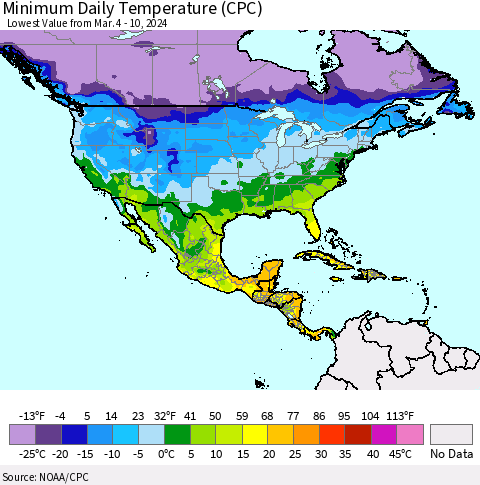 North America Minimum Daily Temperature (CPC) Thematic Map For 3/4/2024 - 3/10/2024
