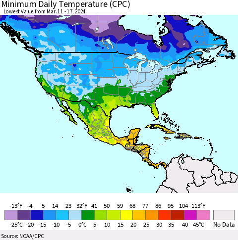North America Minimum Daily Temperature (CPC) Thematic Map For 3/11/2024 - 3/17/2024