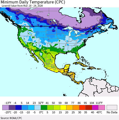 North America Minimum Daily Temperature (CPC) Thematic Map For 3/18/2024 - 3/24/2024