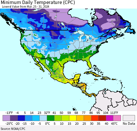 North America Minimum Daily Temperature (CPC) Thematic Map For 3/25/2024 - 3/31/2024