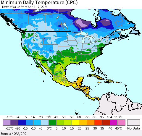 North America Minimum Daily Temperature (CPC) Thematic Map For 4/1/2024 - 4/7/2024