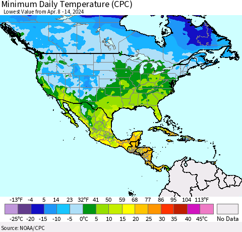 North America Minimum Daily Temperature (CPC) Thematic Map For 4/8/2024 - 4/14/2024