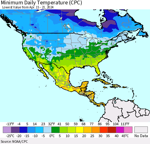 North America Minimum Daily Temperature (CPC) Thematic Map For 4/15/2024 - 4/21/2024