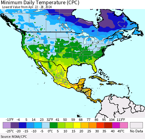 North America Minimum Daily Temperature (CPC) Thematic Map For 4/22/2024 - 4/28/2024