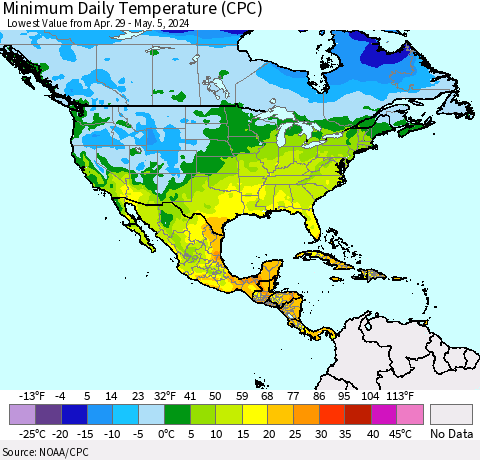 North America Minimum Daily Temperature (CPC) Thematic Map For 4/29/2024 - 5/5/2024