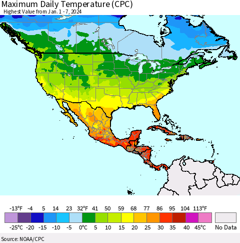 North America Maximum Daily Temperature (CPC) Thematic Map For 1/1/2024 - 1/7/2024