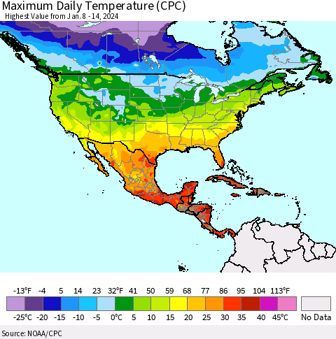 North America Maximum Daily Temperature (CPC) Thematic Map For 1/8/2024 - 1/14/2024