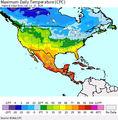North America Maximum Daily Temperature (CPC) Thematic Map For 1/15/2024 - 1/21/2024