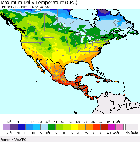 North America Maximum Daily Temperature (CPC) Thematic Map For 1/22/2024 - 1/28/2024