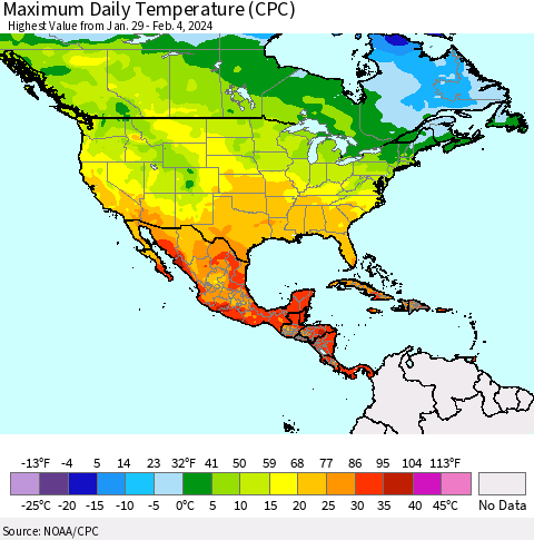 North America Maximum Daily Temperature (CPC) Thematic Map For 1/29/2024 - 2/4/2024