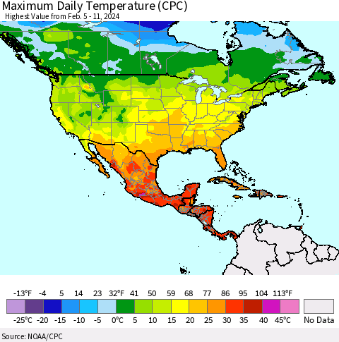 North America Maximum Daily Temperature (CPC) Thematic Map For 2/5/2024 - 2/11/2024