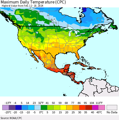 North America Maximum Daily Temperature (CPC) Thematic Map For 2/12/2024 - 2/18/2024