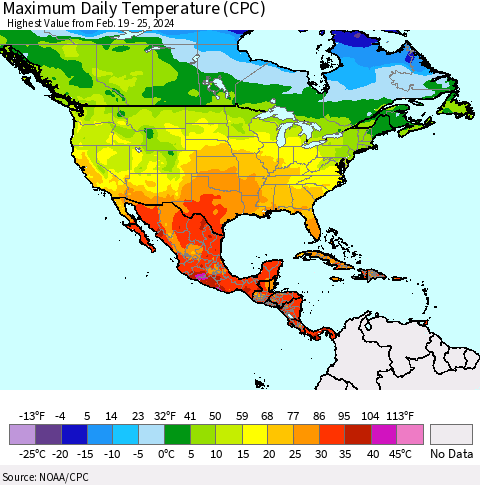 North America Maximum Daily Temperature (CPC) Thematic Map For 2/19/2024 - 2/25/2024