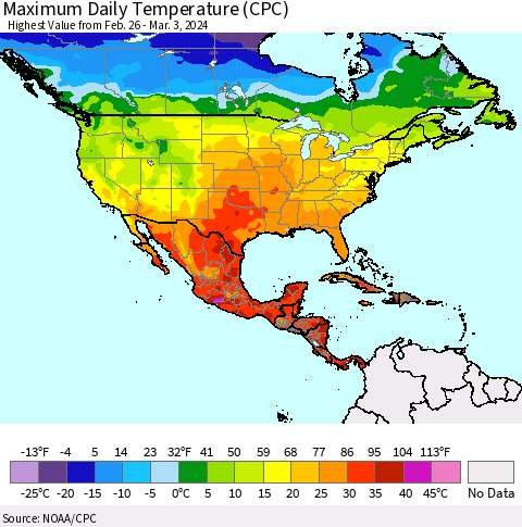 North America Maximum Daily Temperature (CPC) Thematic Map For 2/26/2024 - 3/3/2024