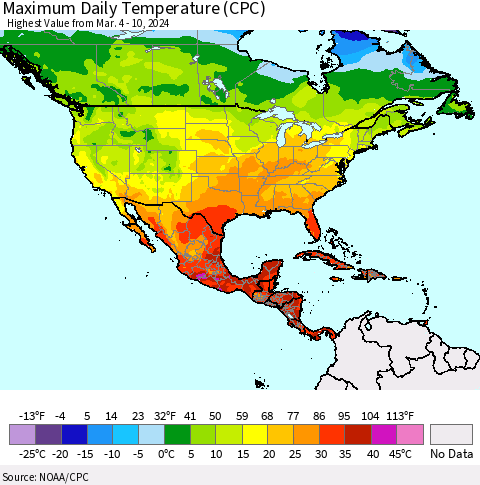 North America Maximum Daily Temperature (CPC) Thematic Map For 3/4/2024 - 3/10/2024