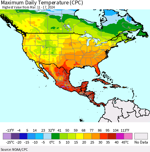 North America Maximum Daily Temperature (CPC) Thematic Map For 3/11/2024 - 3/17/2024