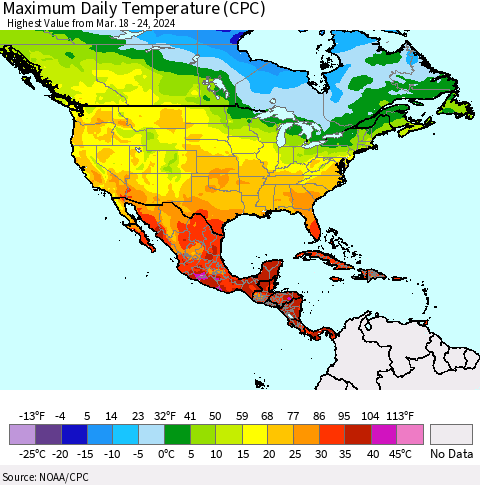 North America Maximum Daily Temperature (CPC) Thematic Map For 3/18/2024 - 3/24/2024