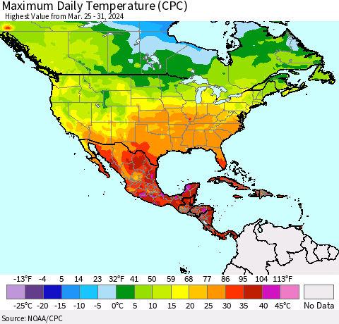 North America Maximum Daily Temperature (CPC) Thematic Map For 3/25/2024 - 3/31/2024