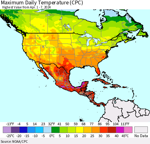 North America Maximum Daily Temperature (CPC) Thematic Map For 4/1/2024 - 4/7/2024