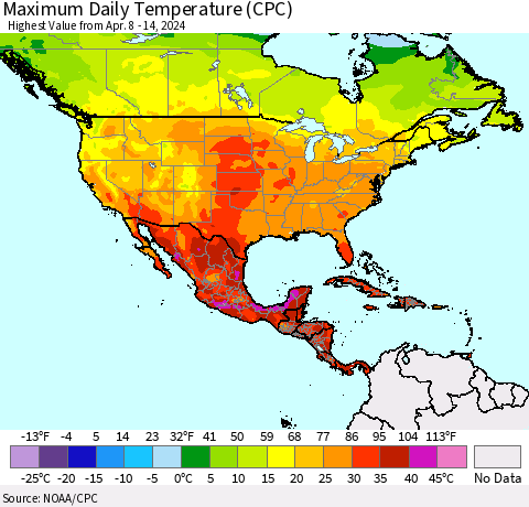 North America Maximum Daily Temperature (CPC) Thematic Map For 4/8/2024 - 4/14/2024